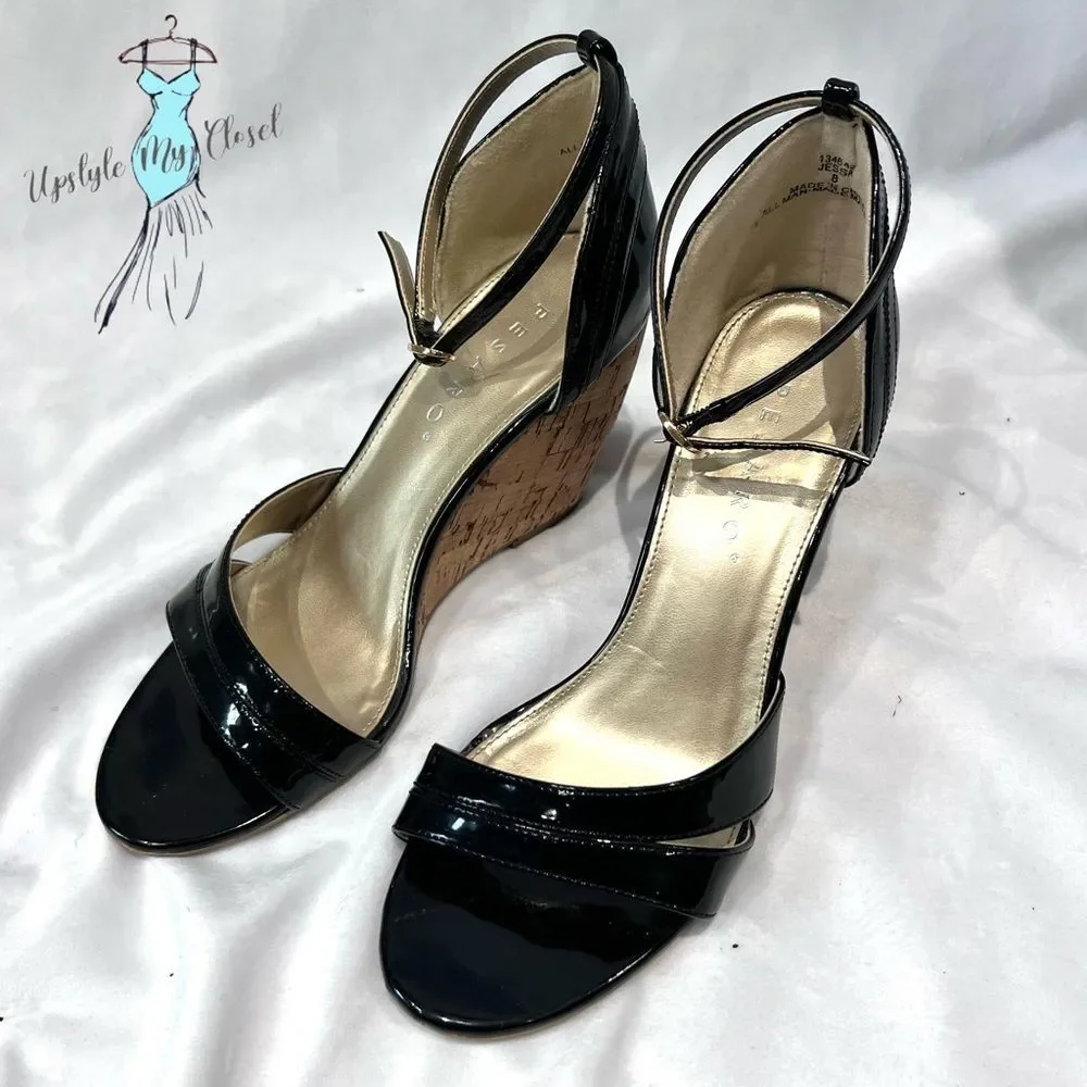 Pesaro Jessa black ankle strap cork wedges size 8 NWOB